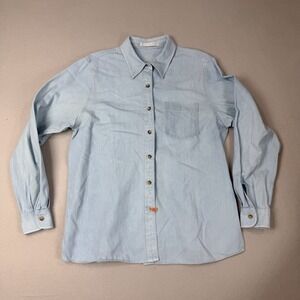 Foxcroft Women Petite 12P Light Blue WashDenim Long Sleeves Button Shirt Preppy